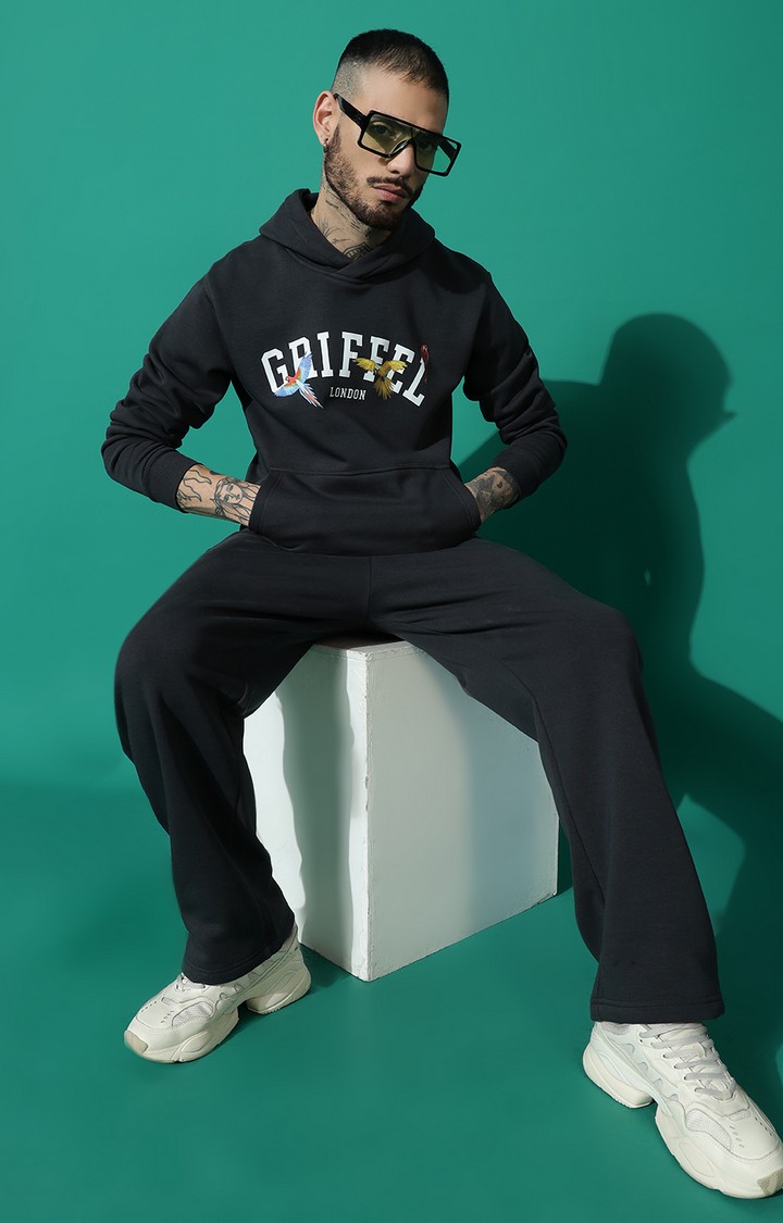 Men's Birds Print Regular Fit Charcoal Hoodie Tracksuit