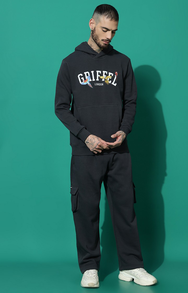 Men's Birds Print Regular Fit Charcoal Hoodie Tracksuit