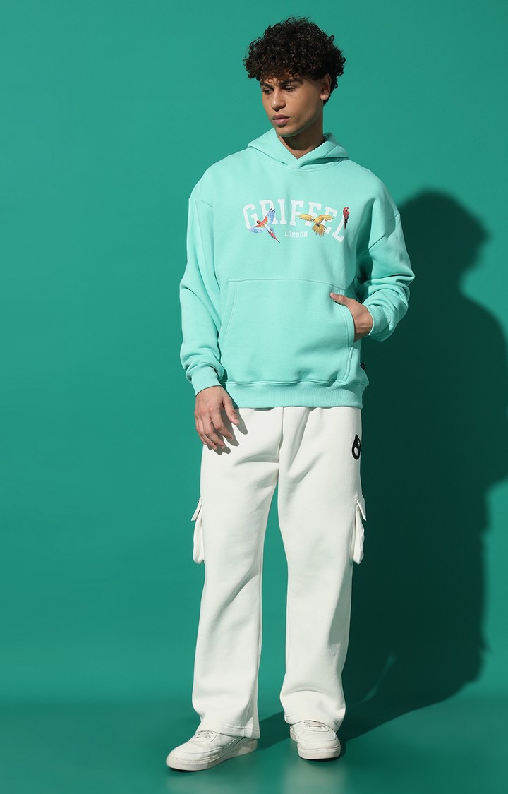 Men's Birds Print Oversized Fit Sea Green Hoodie Tracksuit