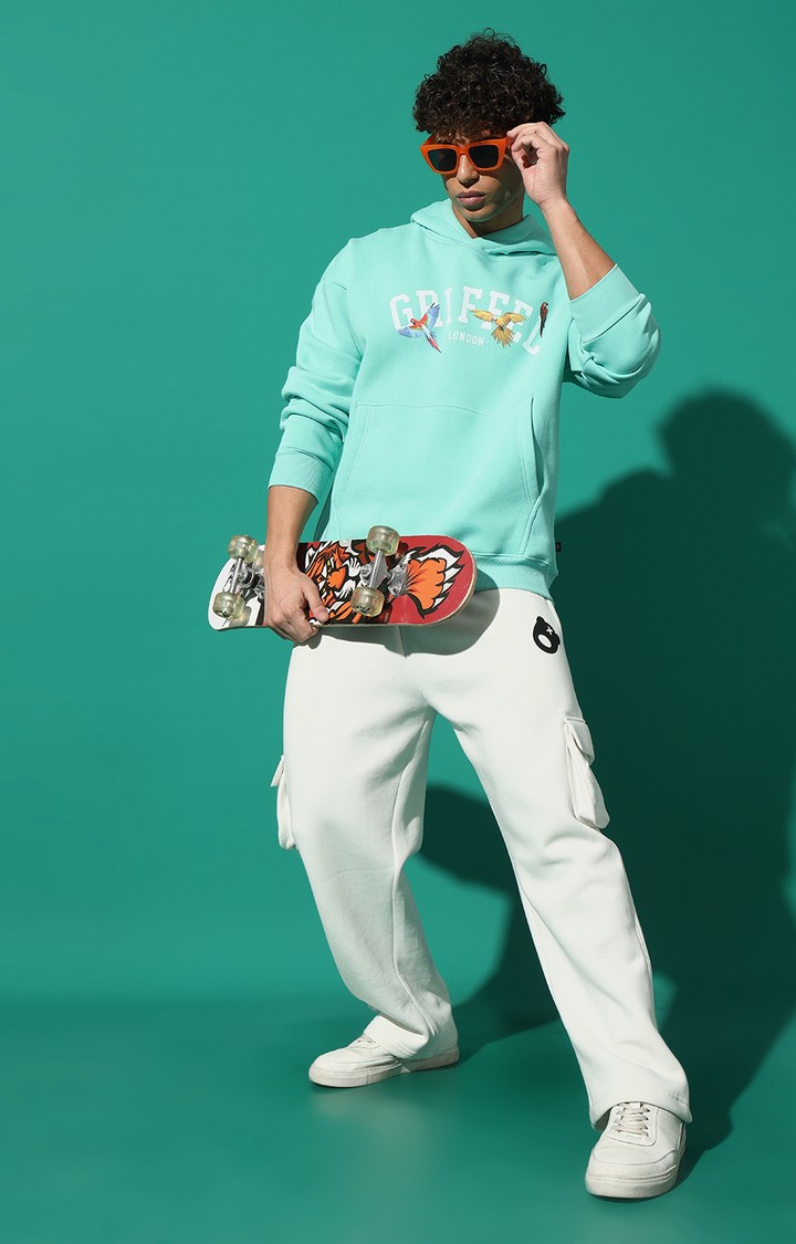 Men's Birds Print Oversized Fit Sea Green Hoodie Tracksuit