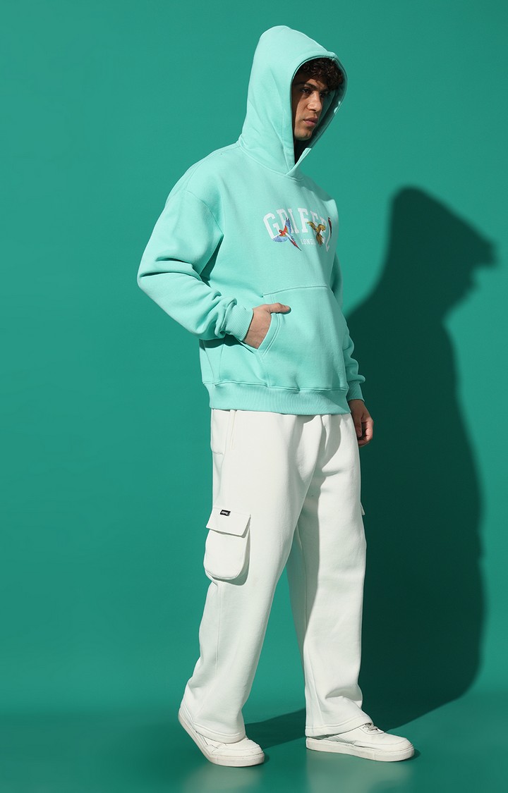 Men's Birds Print Oversized Fit Sea Green Hoodie Tracksuit