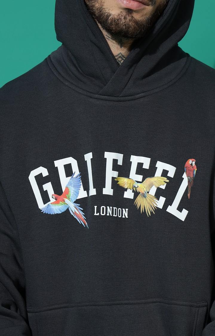 Men's Birds Print Regular Fit Charcoal Hoodie