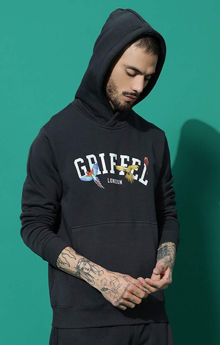 Men's Birds Print Regular Fit Charcoal Hoodie