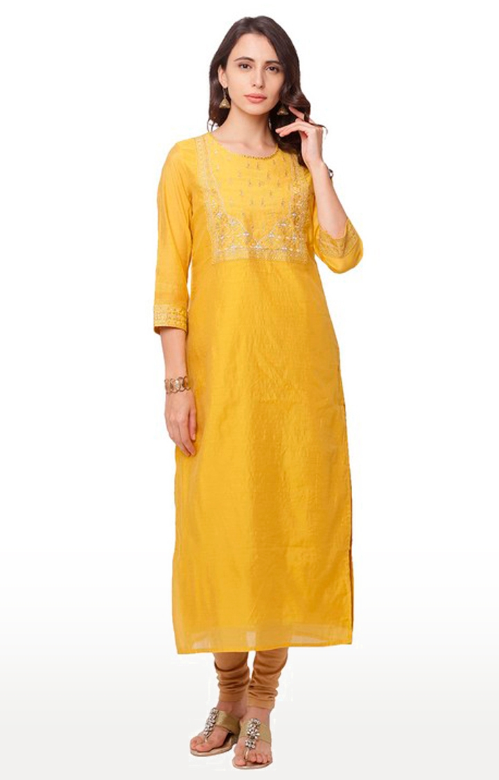 globus | Women's Yellow Silk Embroidered Kurtas 1