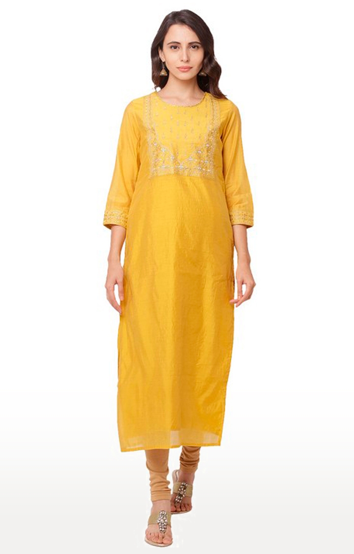 globus | Women's Yellow Silk Embroidered Kurtas 0