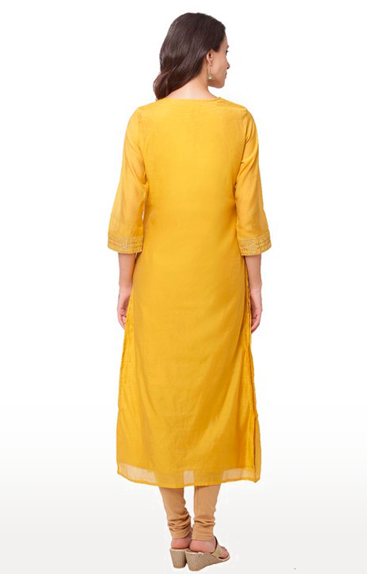 globus | Women's Yellow Silk Embroidered Kurtas 3