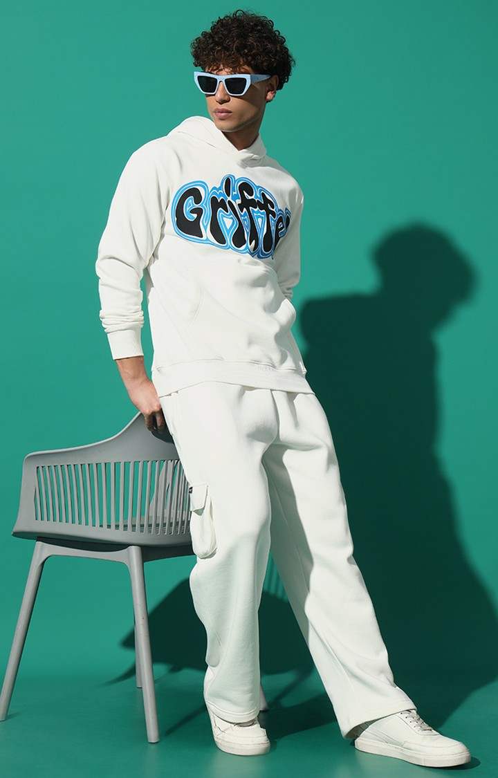 Men's GRIFFEL Printed Regular Fit White Hoodie Tracksuit