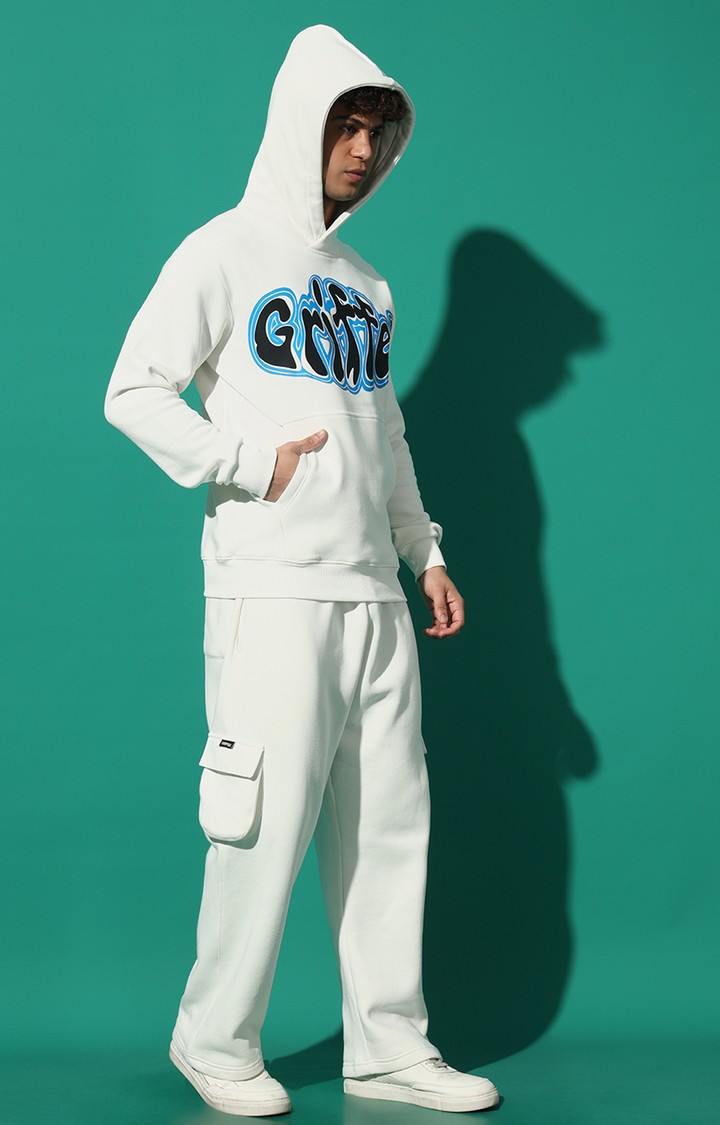 Men's GRIFFEL Printed Regular Fit White Hoodie Tracksuit