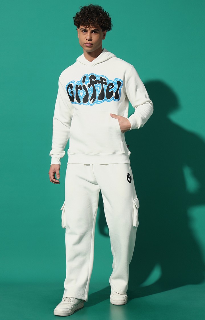 Men's GRIFFEL Printed Regular Fit White Hoodie Tracksuit