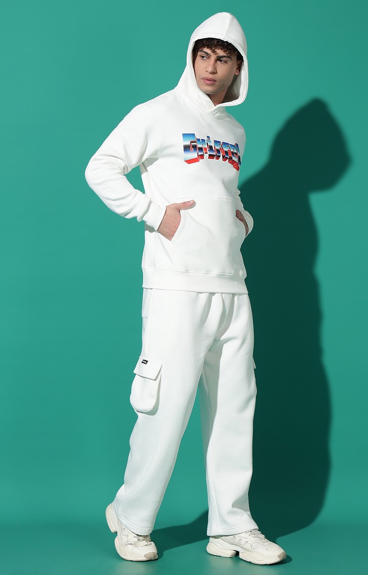 Men's GRIFFEL Printed Regular Fit White Hoodie Tracksuit