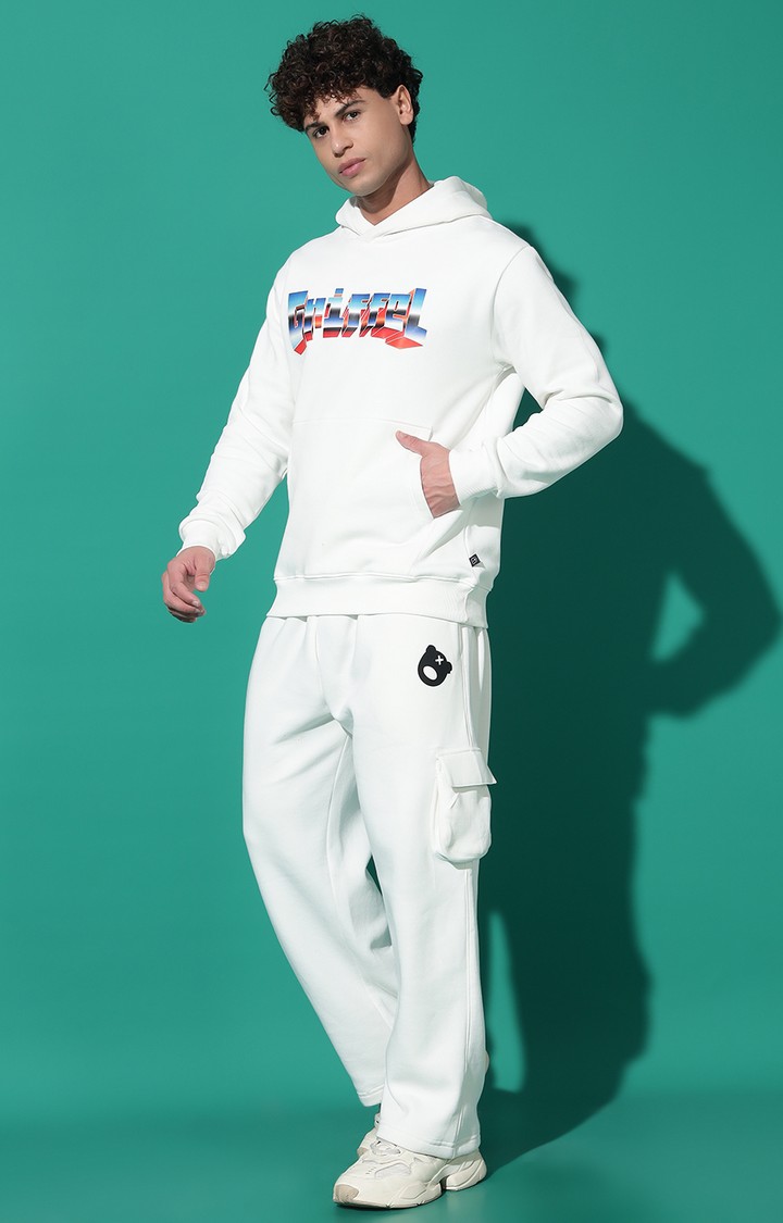Men's GRIFFEL Printed Regular Fit White Hoodie Tracksuit