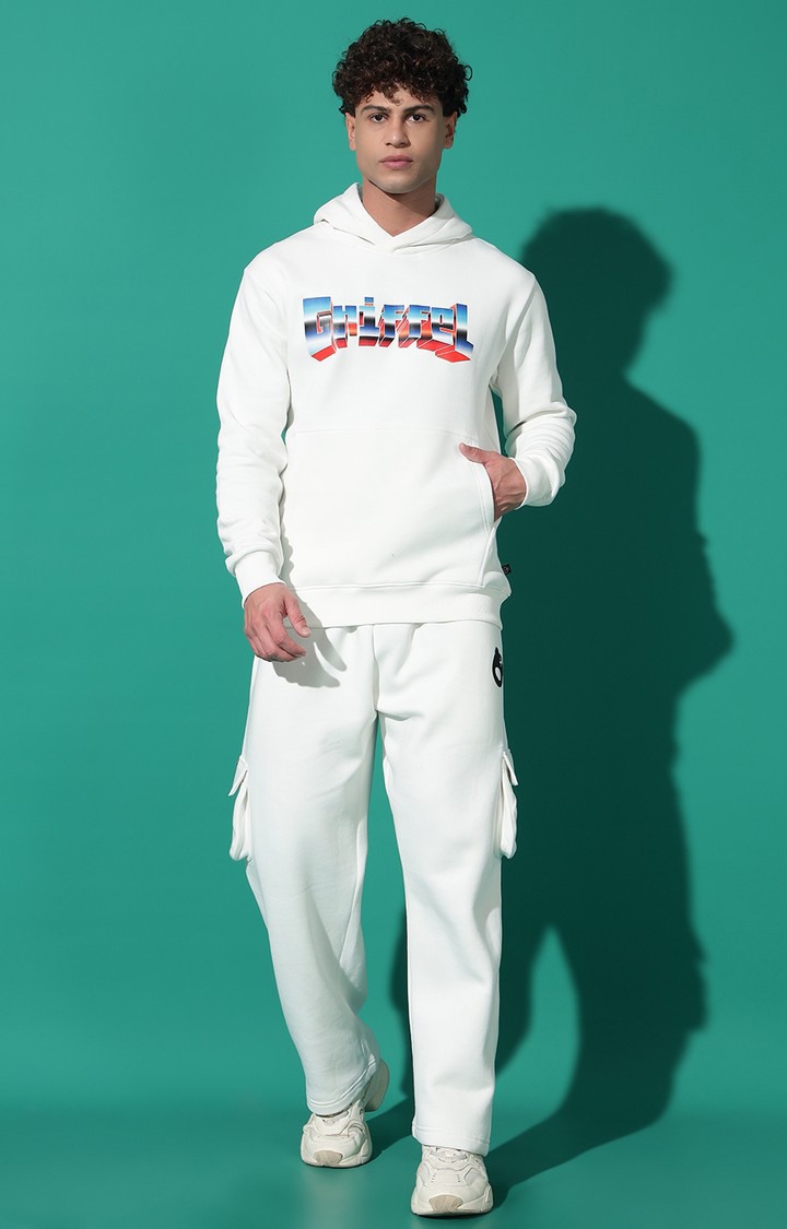 Men's GRIFFEL Printed Regular Fit White Hoodie Tracksuit