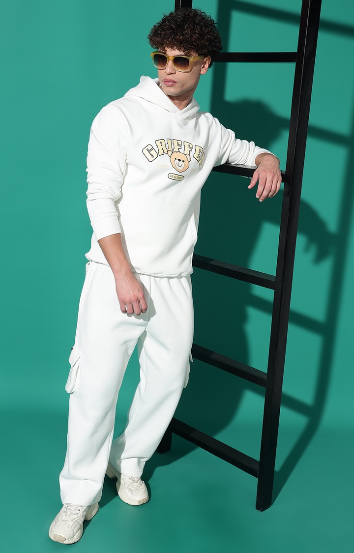 Men's Cute Teddy Regular Fit White Hoodie Tracksuit