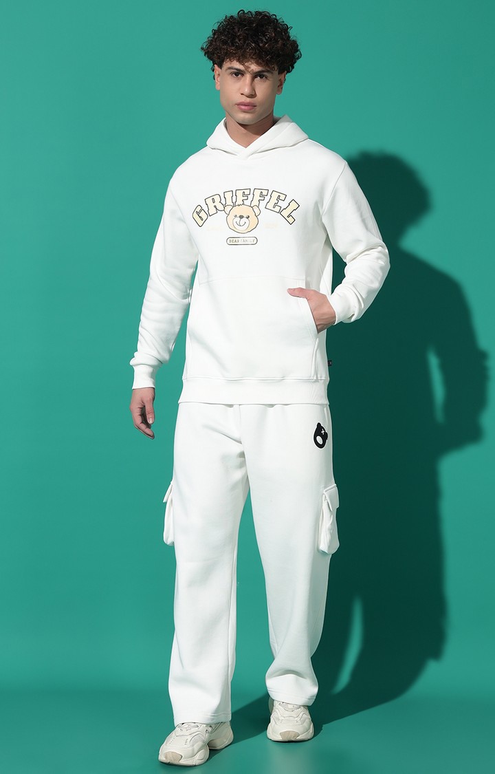 Men's Cute Teddy Regular Fit White Hoodie Tracksuit