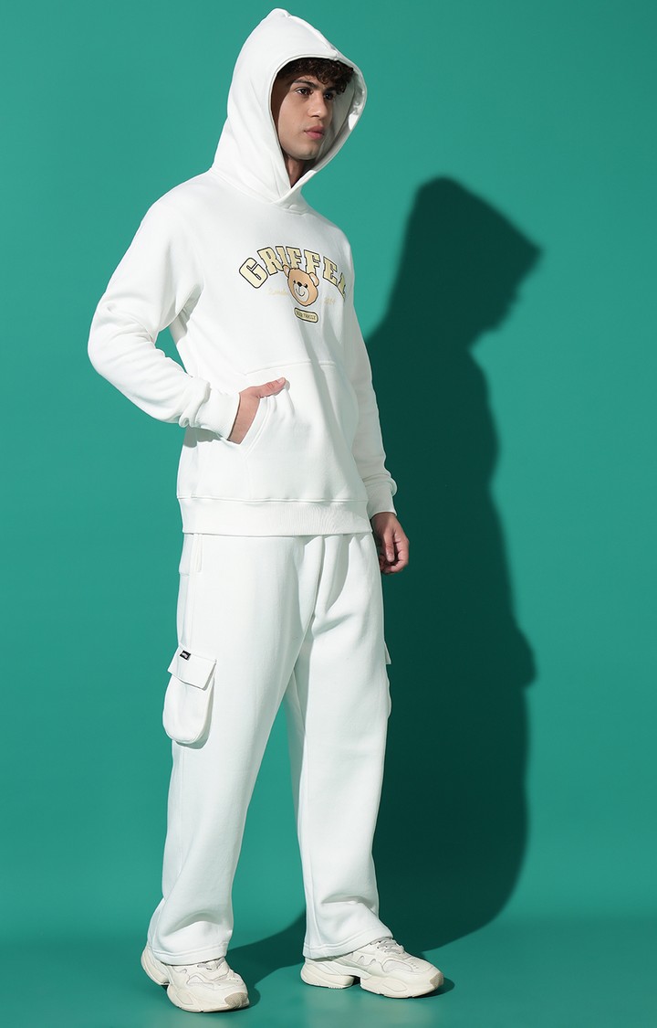 Men's Cute Teddy Regular Fit White Hoodie Tracksuit