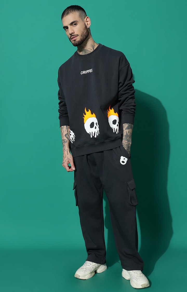 Men's Skeleton Fire Oversized Charcoal Tracksuit