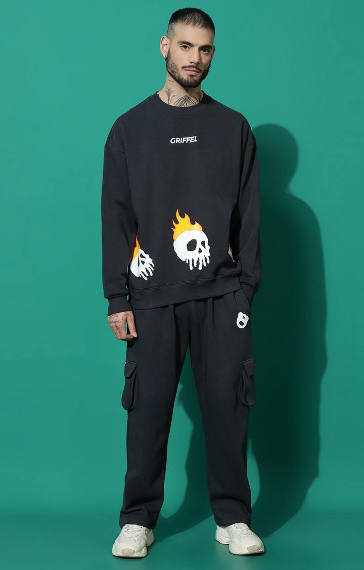 Men's Skeleton Fire Oversized Charcoal Tracksuit