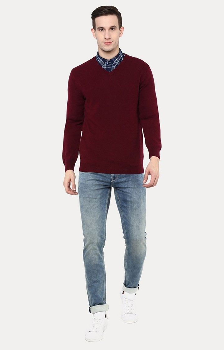 Men's Red Solid Sweaters