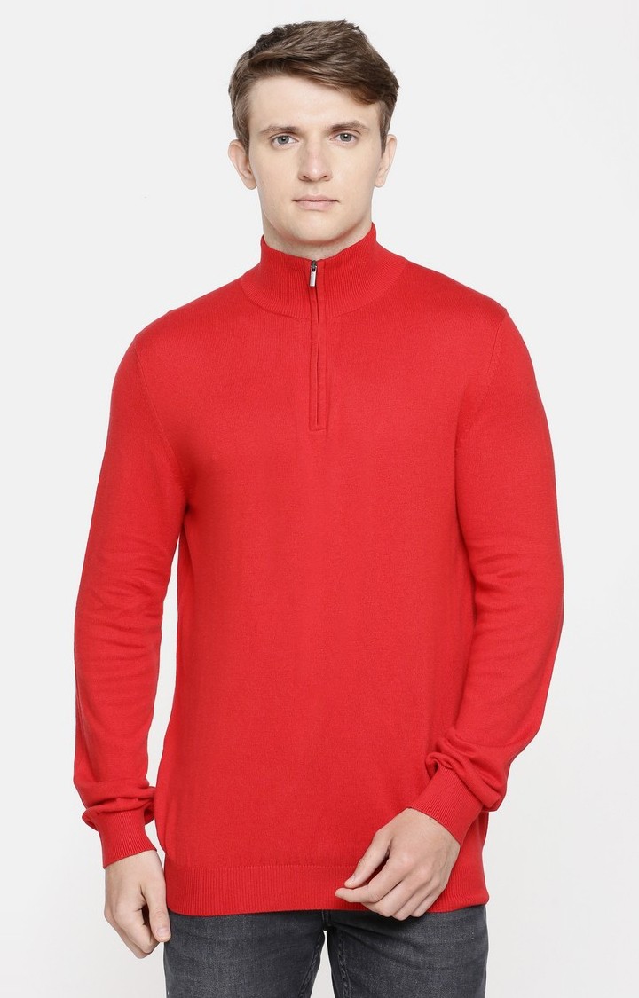 Men's Red Solid Sweaters