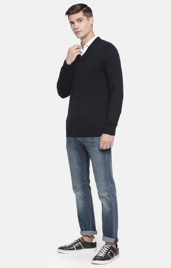Men's Blue Solid Sweaters