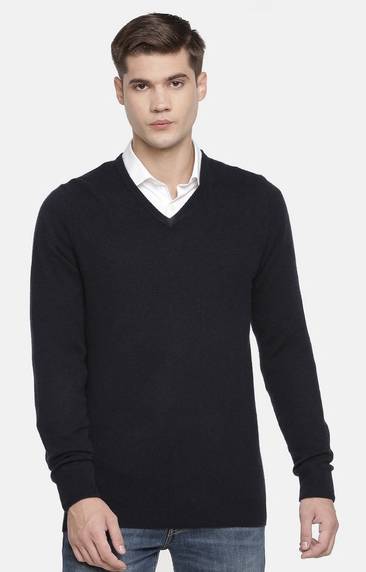 Men's Blue Solid Sweaters