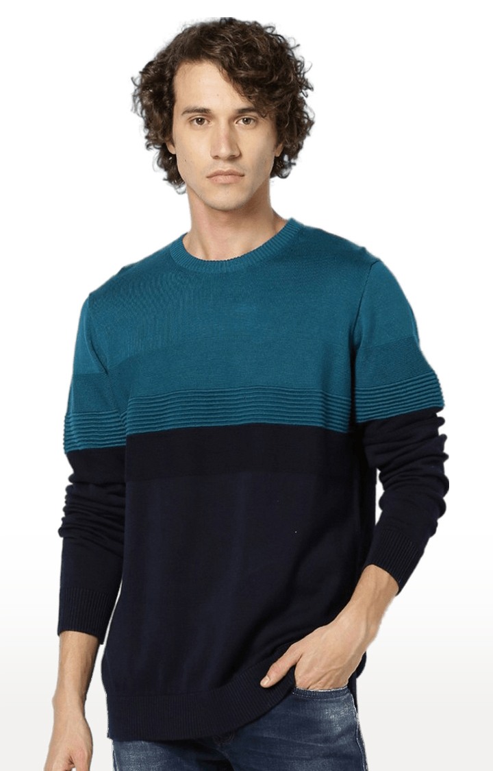 celio | Men's Blue Colourblock Sweaters