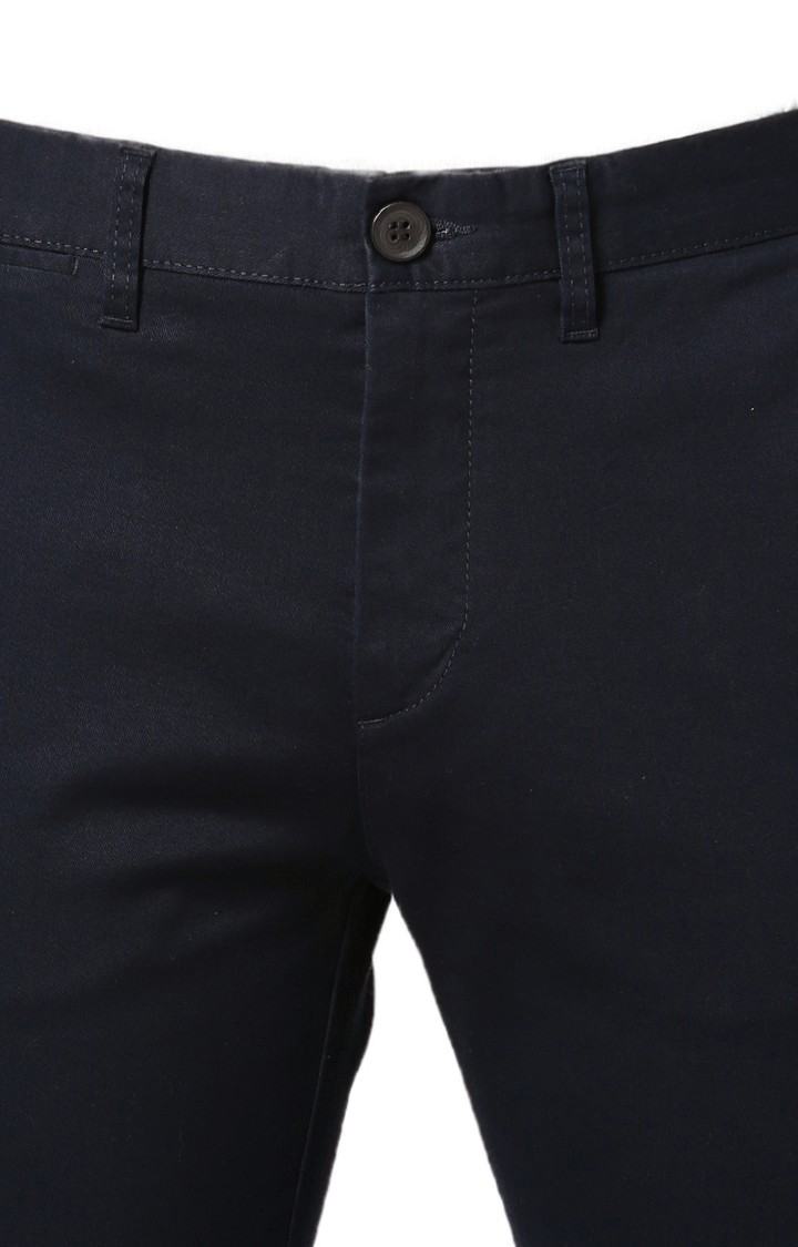 Men's Blue Cotton Blend Solid Chinos