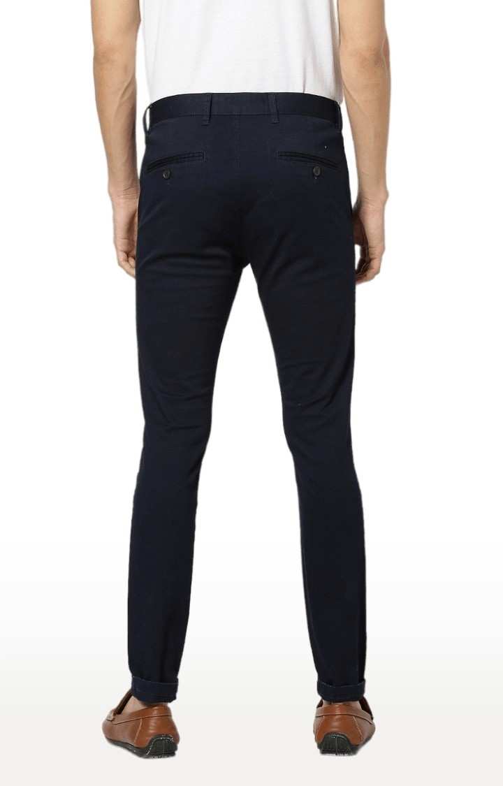 Men's Blue Cotton Blend Solid Chinos