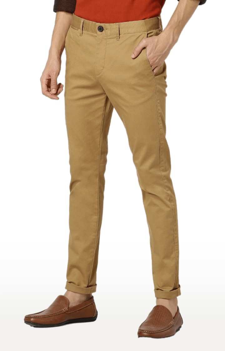 Men's Brown Cotton Blend Solid Chinos