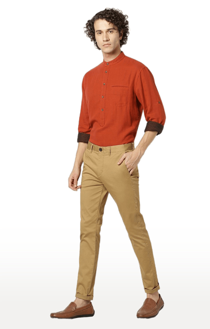 celio | Men's Brown Cotton Blend Solid Chinos 1