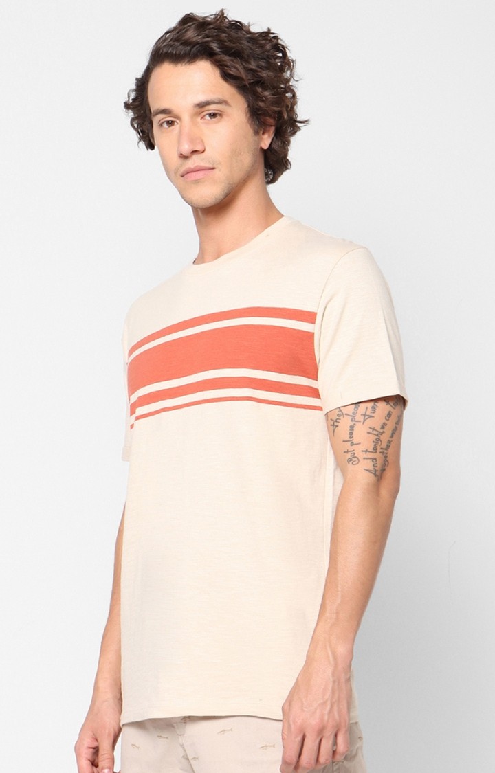 Men's Beige Striped Regular T-Shirts