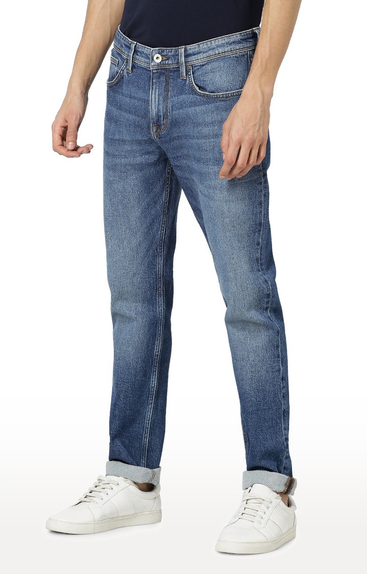 Men's Blue Cotton Blend Solid Tapered Jeans