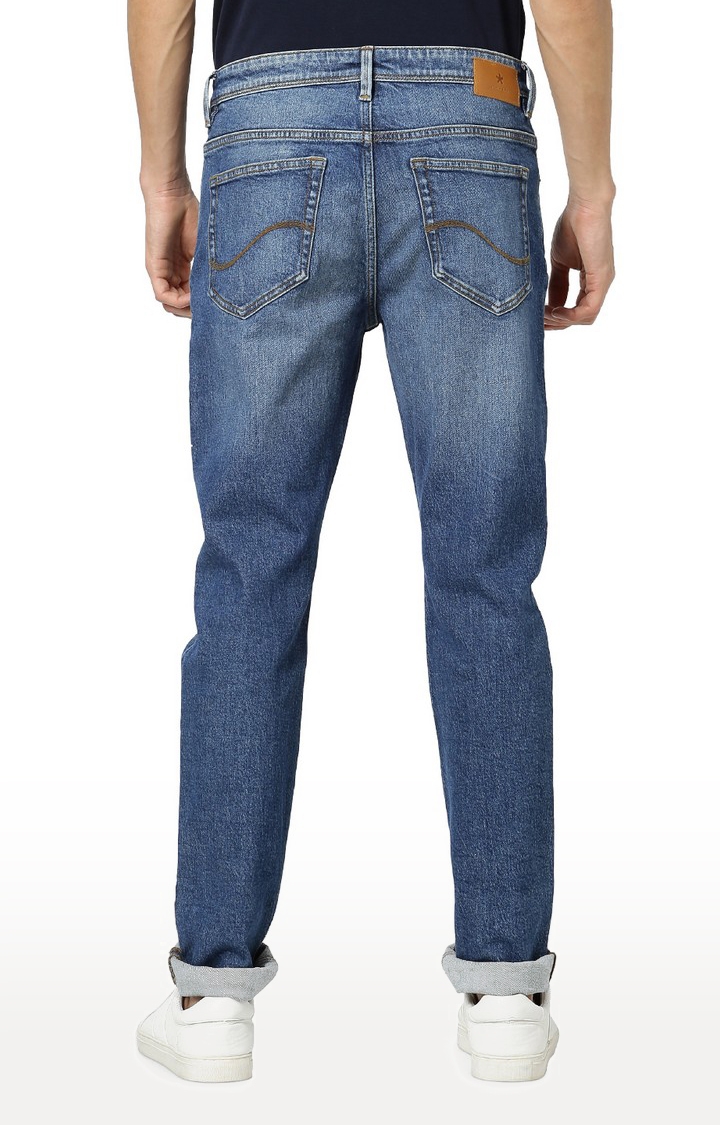 Men's Blue Cotton Blend Solid Tapered Jeans