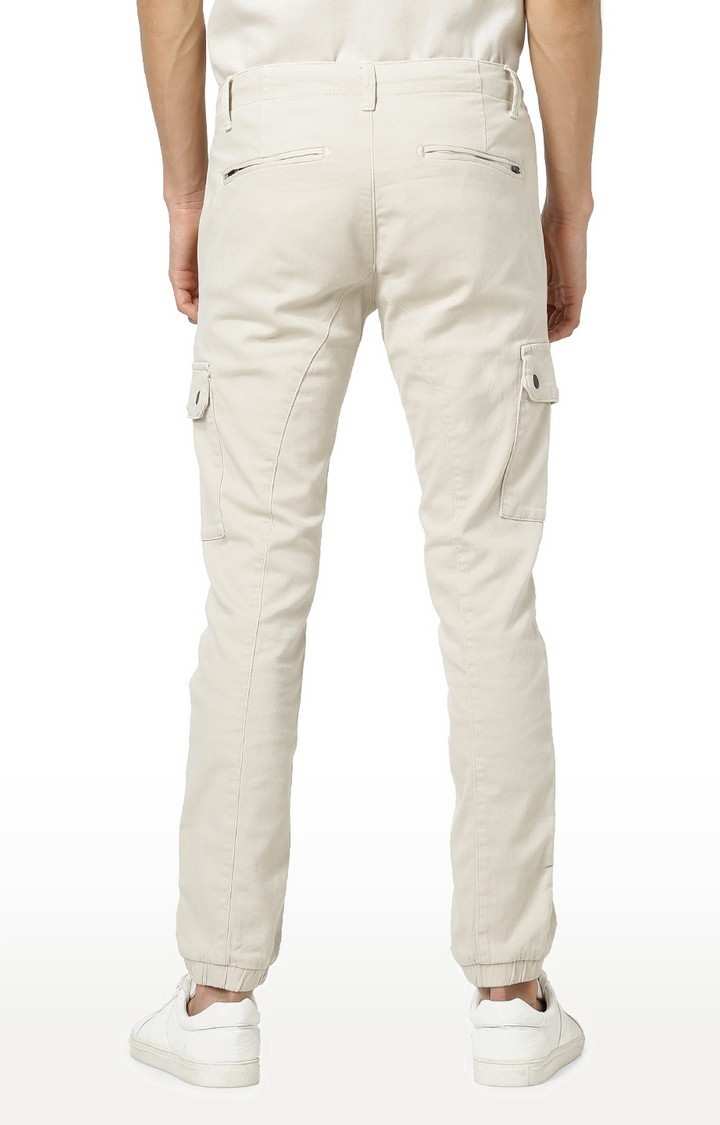Men's Beige Cotton Blend Solid Chinos
