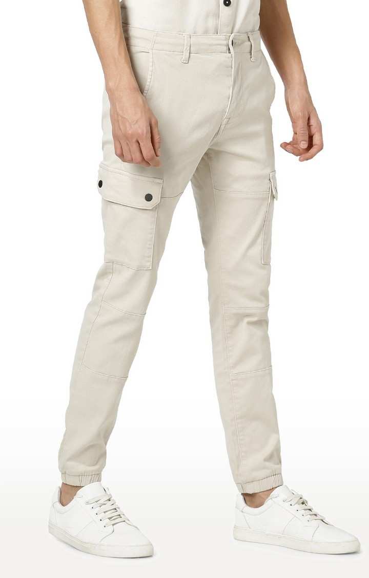 Men's Beige Cotton Blend Solid Chinos