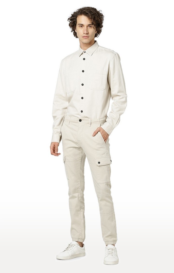 Men's Beige Cotton Blend Solid Chinos