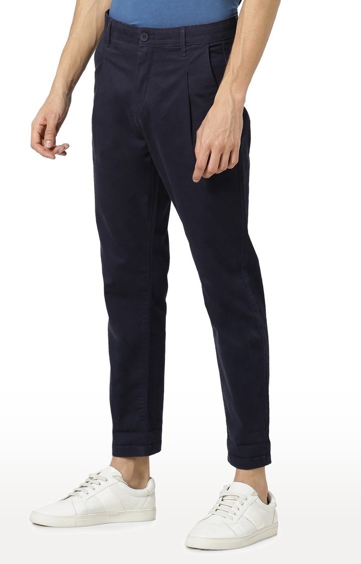 Men's Blue Cotton Blend Solid Chinos