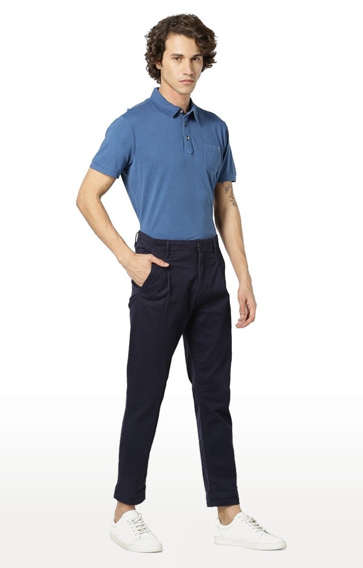 Men's Blue Cotton Blend Solid Chinos