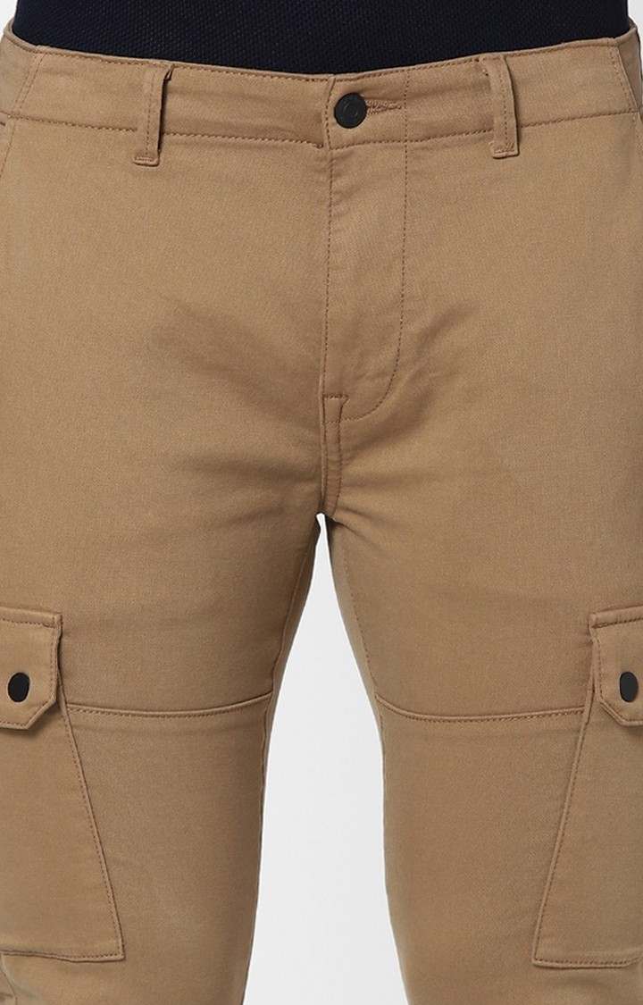 Men's Brown Cotton Blend Solid Cargos