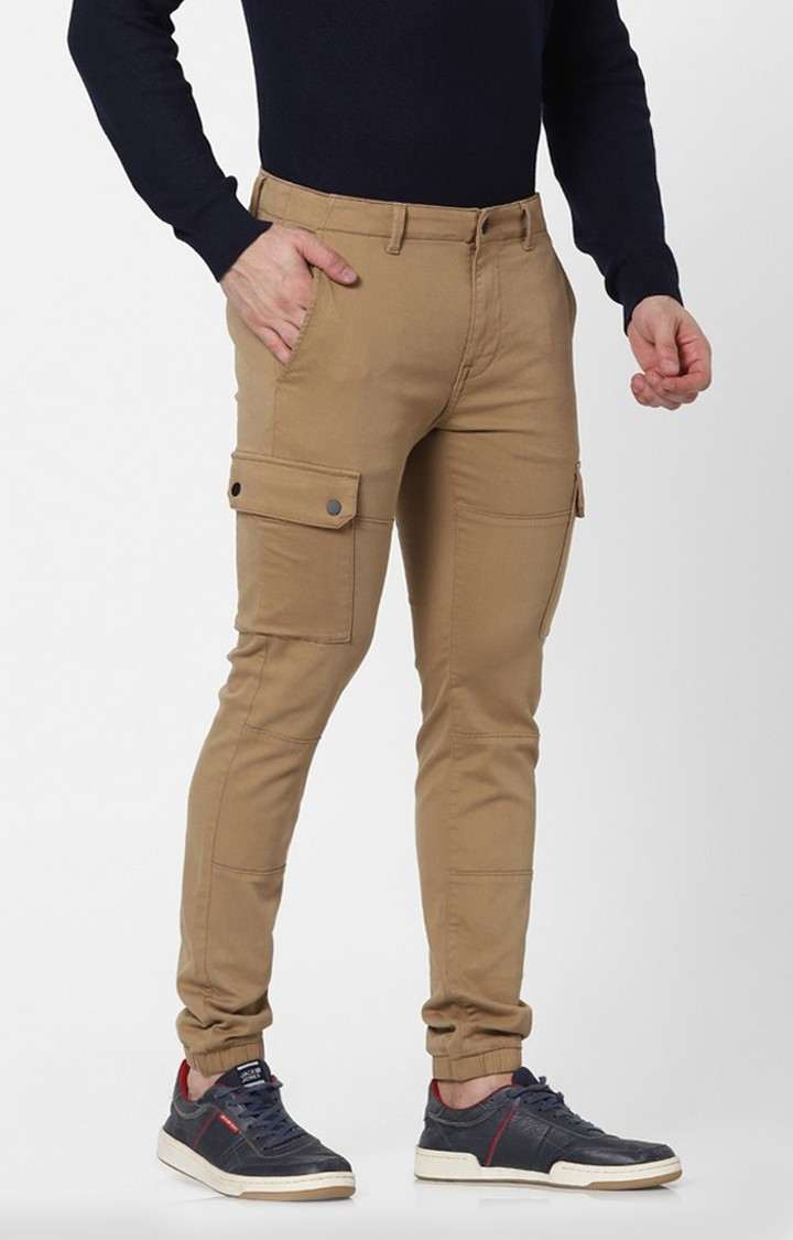 Men's Brown Cotton Blend Solid Cargos