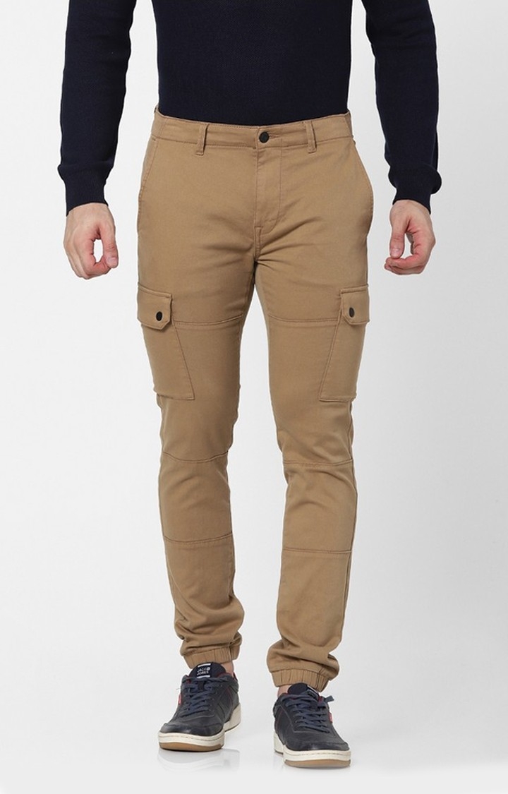 celio | Men's Brown Cotton Blend Solid Cargos