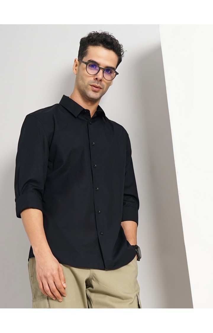 Celio Men Black Solid Slim Fit Cotton Formal Shirt