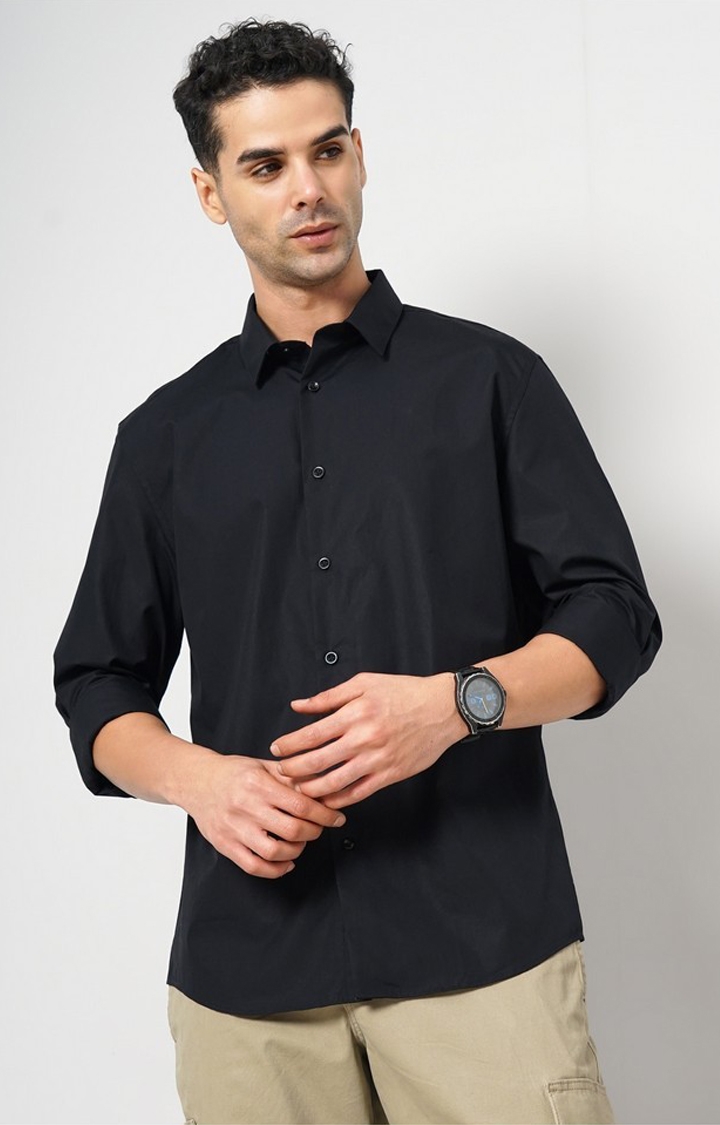 celio | Celio Men Black Solid Slim Fit Cotton Formal Shirt