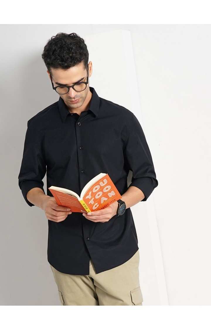Celio Men Black Solid Slim Fit Cotton Formal Shirt