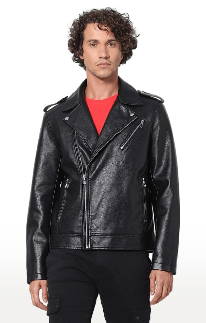 celio | Men's Black Solid Leather Jackets