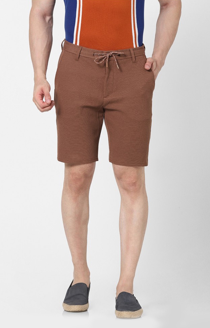 celio | Men's Brown Polycotton Solid Shorts