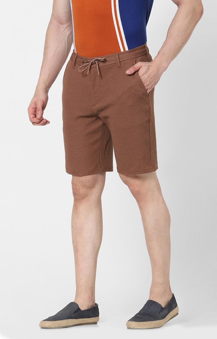 celio | Men's Brown Polycotton Solid Shorts 1