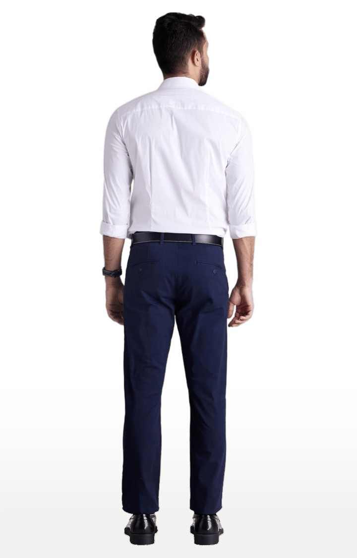 Men's Blue Cotton Blend Solid Trousers