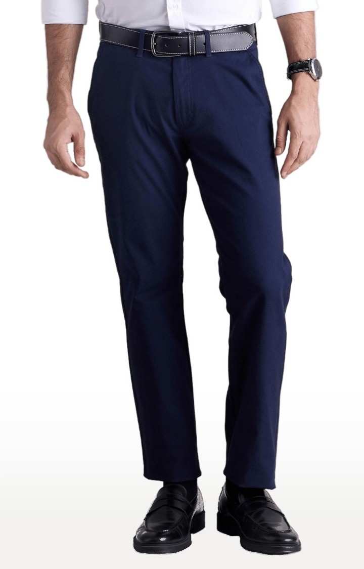 Men's Blue Cotton Blend Solid Trousers