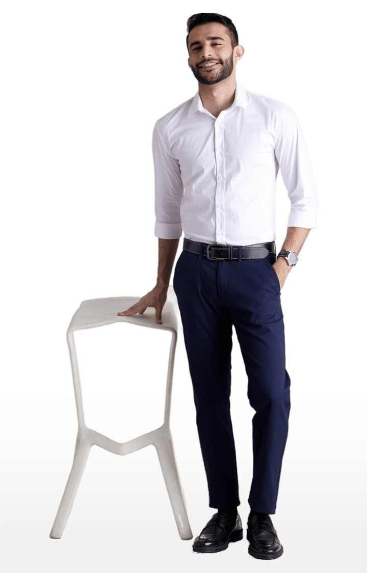 Men's Blue Cotton Blend Solid Trousers